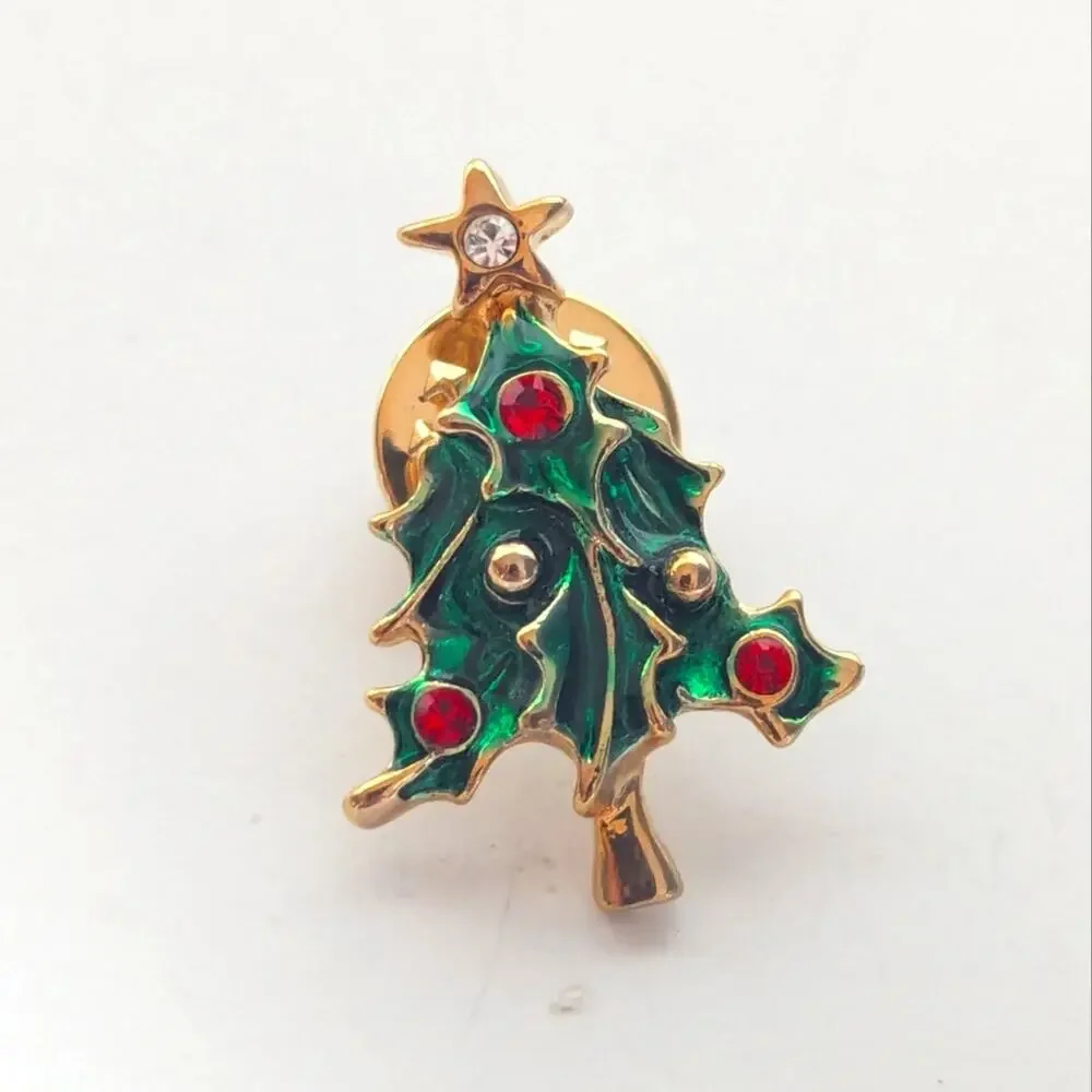 Vintage Estate Gold Tone Green Enamel Holiday Christmas Tree Lapel Pin Brooch